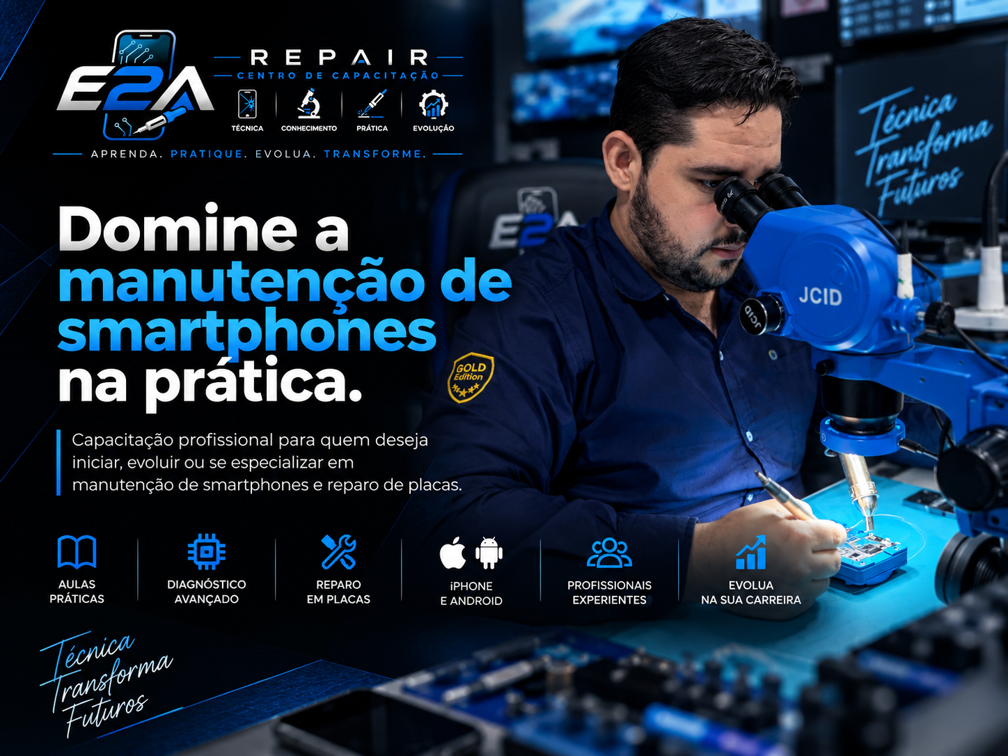 Aluno em bancada de manutenção de smartphones da E2A Repair